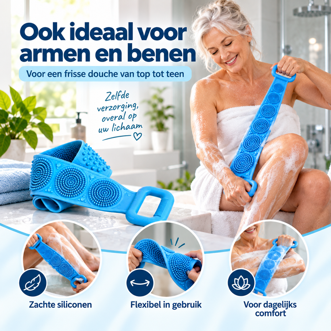 Vrouw in handdoek schrobt haar been met de blauwe band; inzetfoto's tonen gebruik op been en arm 6