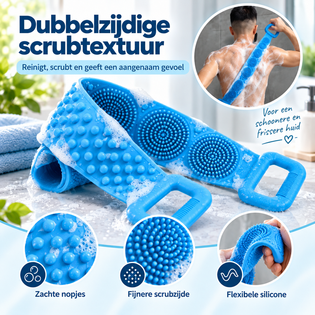 Nopjes- en borstelzijde van de blauwe band close-up, met jonge man die zijn rug schrobt 7