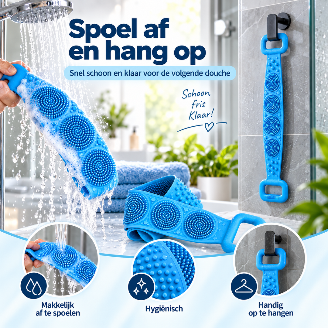 Blauwe band wordt onder de douche afgespoeld en hangt aan een zwarte haak aan de tegelwand 4
