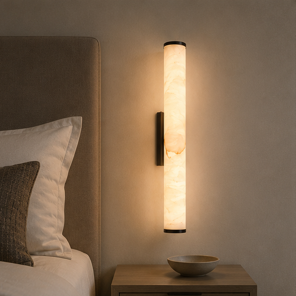 Marmeren wandlamp naast een hoofdeinde van een bed, boven een nachtkastje met een lichte schaal. 9