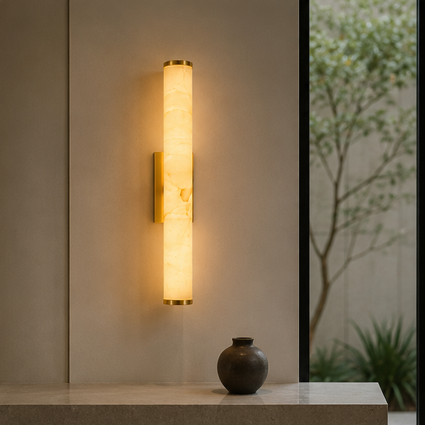 Lichtgevende marmeren wandlamp met koperkleurige uiteinden naast een glazen wand met uitzicht op een boom, boven een plank met kleine vaas. 10