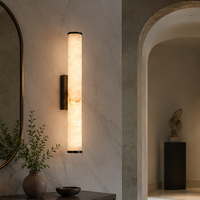 Verlichte marmeren wandlamp op een gemarmerde muur in een hal met boog, naast een spiegel en een vaas met takje. 5