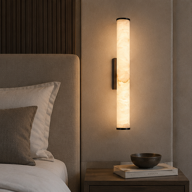 Marmeren wandlamp boven een nachtkastje naast een bed met kussens, met een houten schaal en boeken eronder. 6
