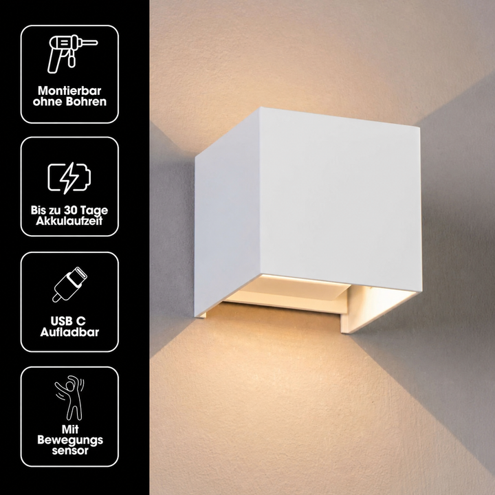 Witte kubuslamp met pictogrammen voor montage zonder boren, accuduur, usb-c-oplaadbaarheid en bewegingssensor. 19