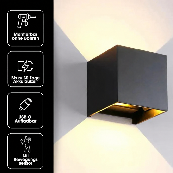 Zwarte kubuslamp met pictogrammen voor montage zonder boren, accuduur, usb-c-oplaadbaarheid en bewegingssensor. 18