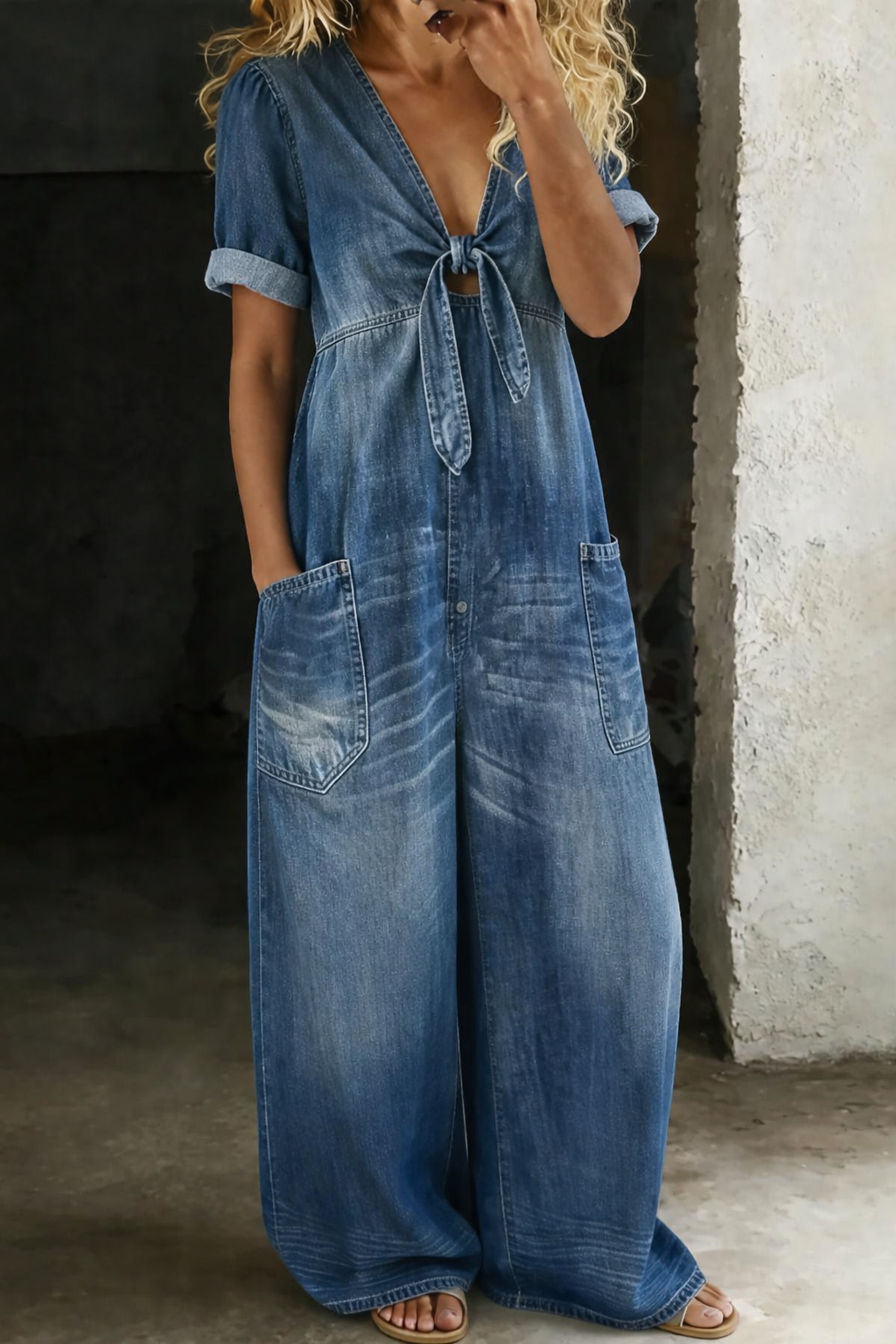 Voorkant in donkerblauwe denim, gedragen door een model, met strik, V-hals en opgerolde mouwen 1