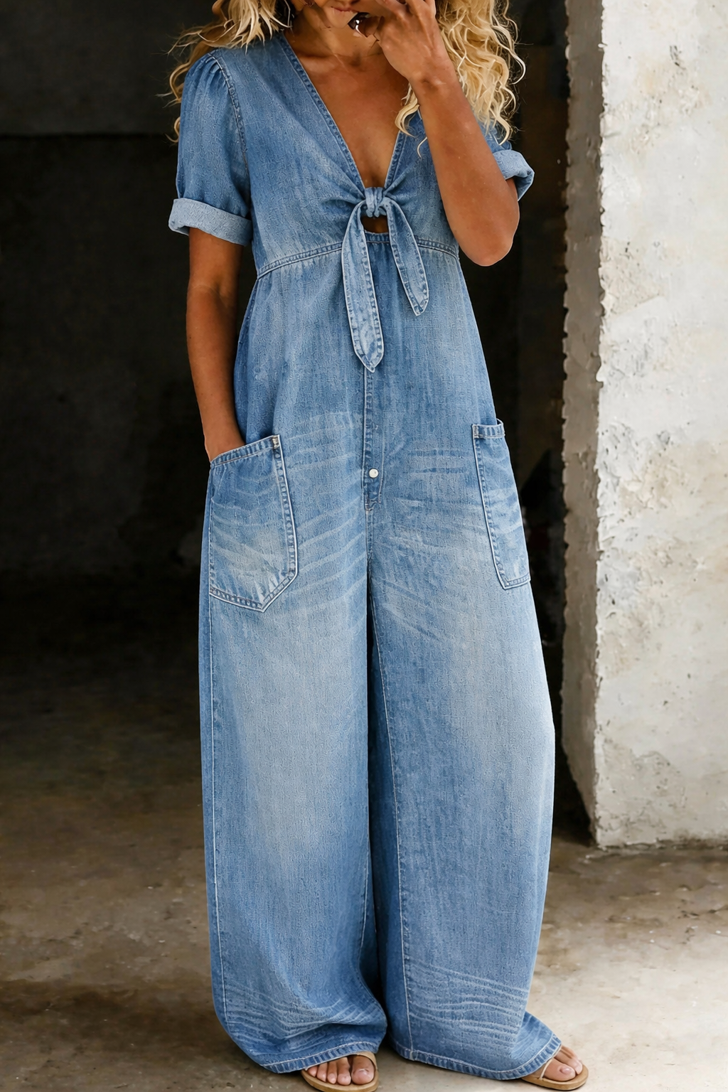 Voorkant in lichtblauwe denim, gedragen door een model, met strik, grote zakken en wijde pijpen 2