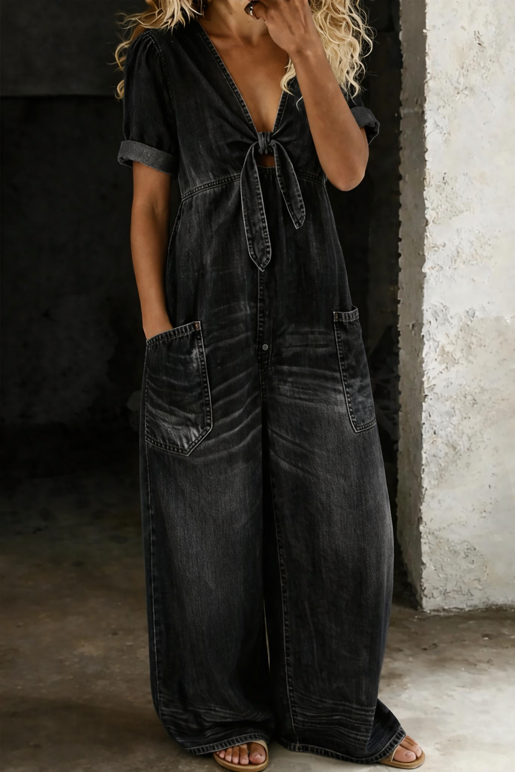Voorkant in zwarte denim, gedragen door een model, met strik op de borst en wijde pijpen 3