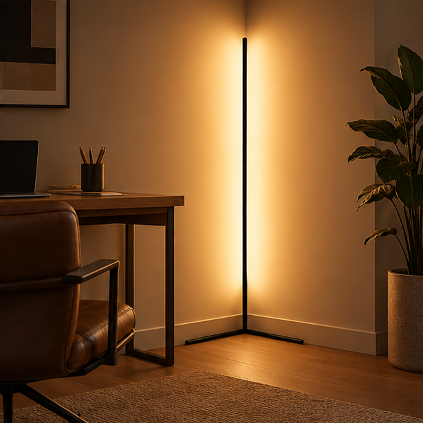 Zwarte hoekstaande lamp in een werkkamer, naast een houten bureau, leren bureaustoel en grote kamerplant. 3