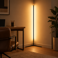 Zwarte hoekstaande lamp in een werkkamer, naast een houten bureau, leren bureaustoel en grote kamerplant. 3
