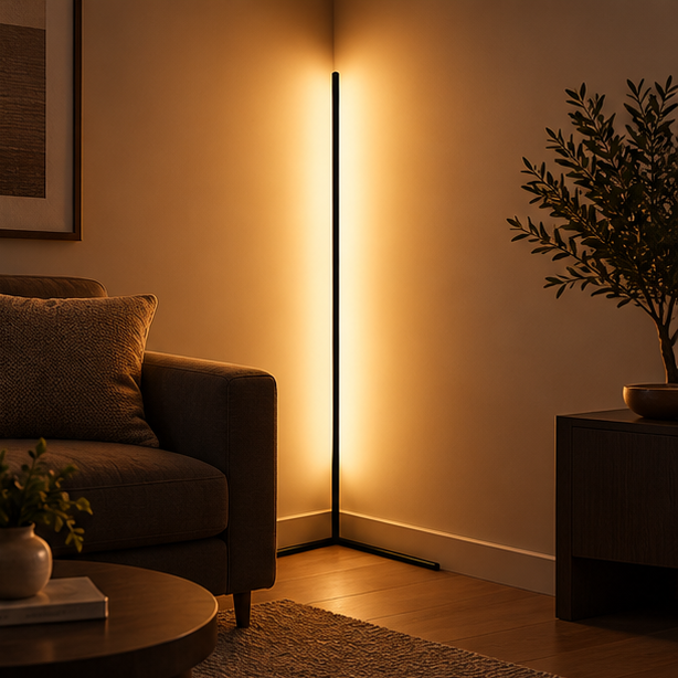 Zwarte hoekstaande lamp zorgt voor warm licht in een woonkamer hoek, naast een bank, olijfboompje en salontafel. 1