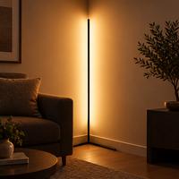 Zwarte hoekstaande lamp zorgt voor warm licht in een woonkamer hoek, naast een bank, olijfboompje en salontafel. 1