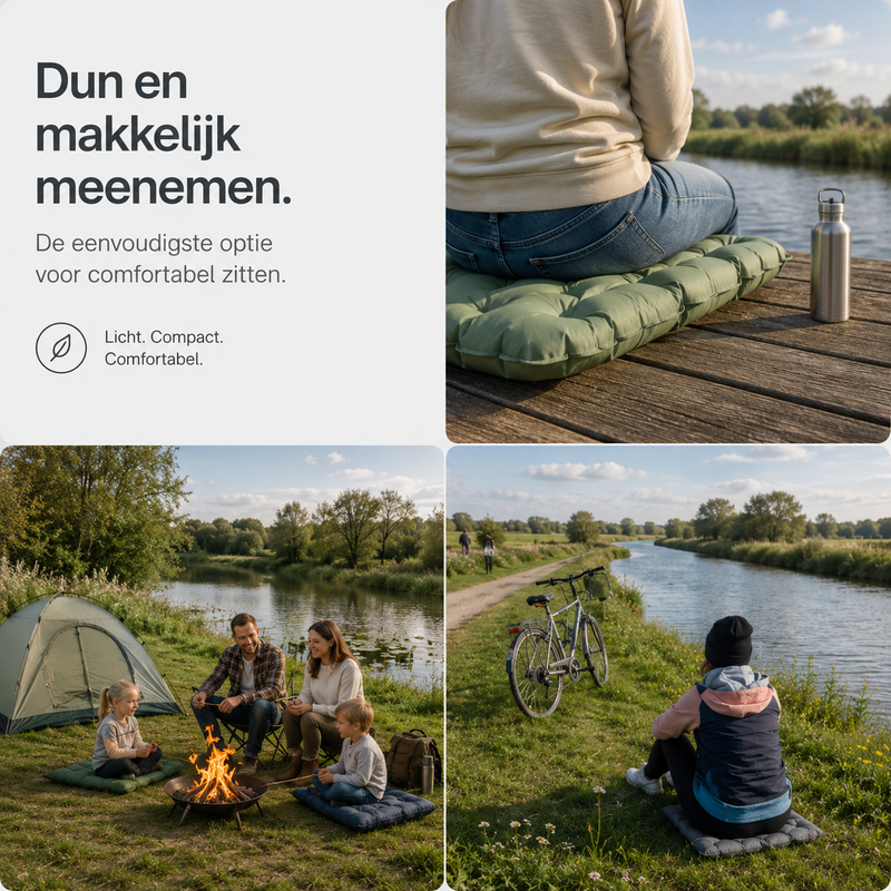 Collage van het groene zitkussen in gebruik: op een steiger aan het water, rond een kampvuur met gezin en langs een fietspad. 3
