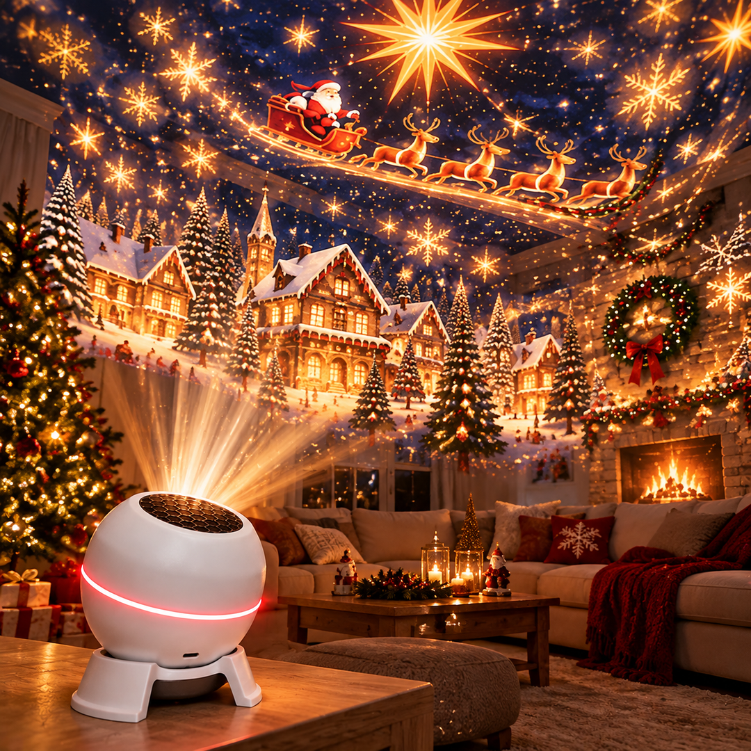 Projector op een salontafel schijnt een kerstdorp, sneeuwvlokken en de kerstman met rendieren op muren en plafond van een feestelijke woonkamer. 6