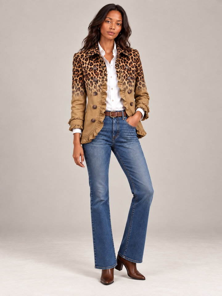 Model draagt de zandkleurige blazer met witte blouse, flared jeans en laarsjes, volledig lichaam van voren gezien. 9