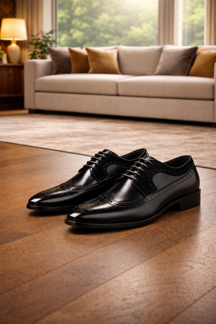 Paar zwarte glanzende brogue veterschoenen met sierperforaties, naast elkaar op een houten vloer voor een bank. 4