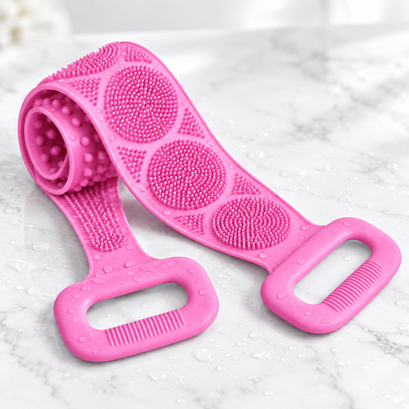 Roze siliconen band opgerold op marmer met waterdruppels, met ronde borstelvlakken en twee handvatten 11