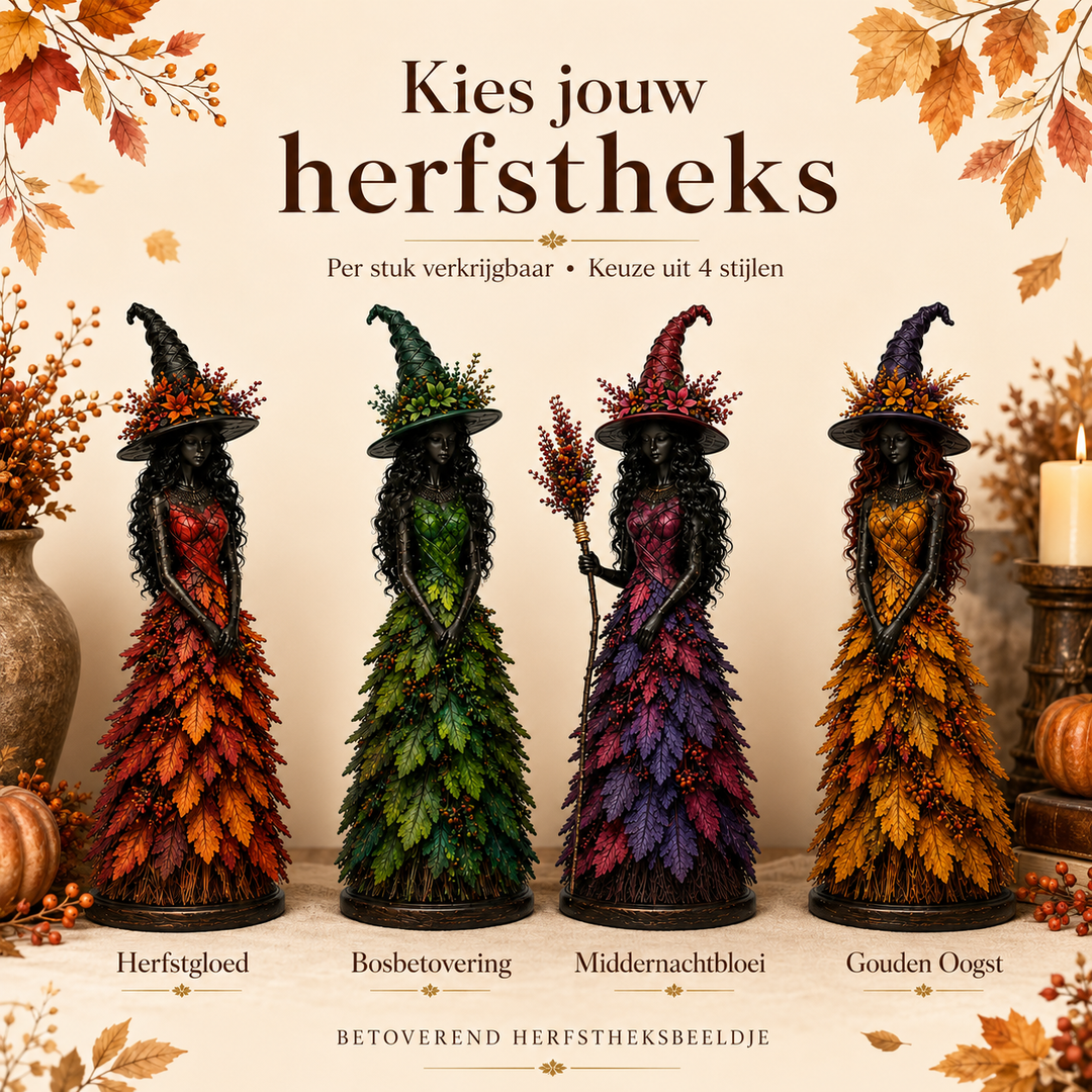 Vier heksbeeldjes naast elkaar in rood, groen, paars en geel, elk met een eigen kleur hoed en jurk van bladeren. 2
