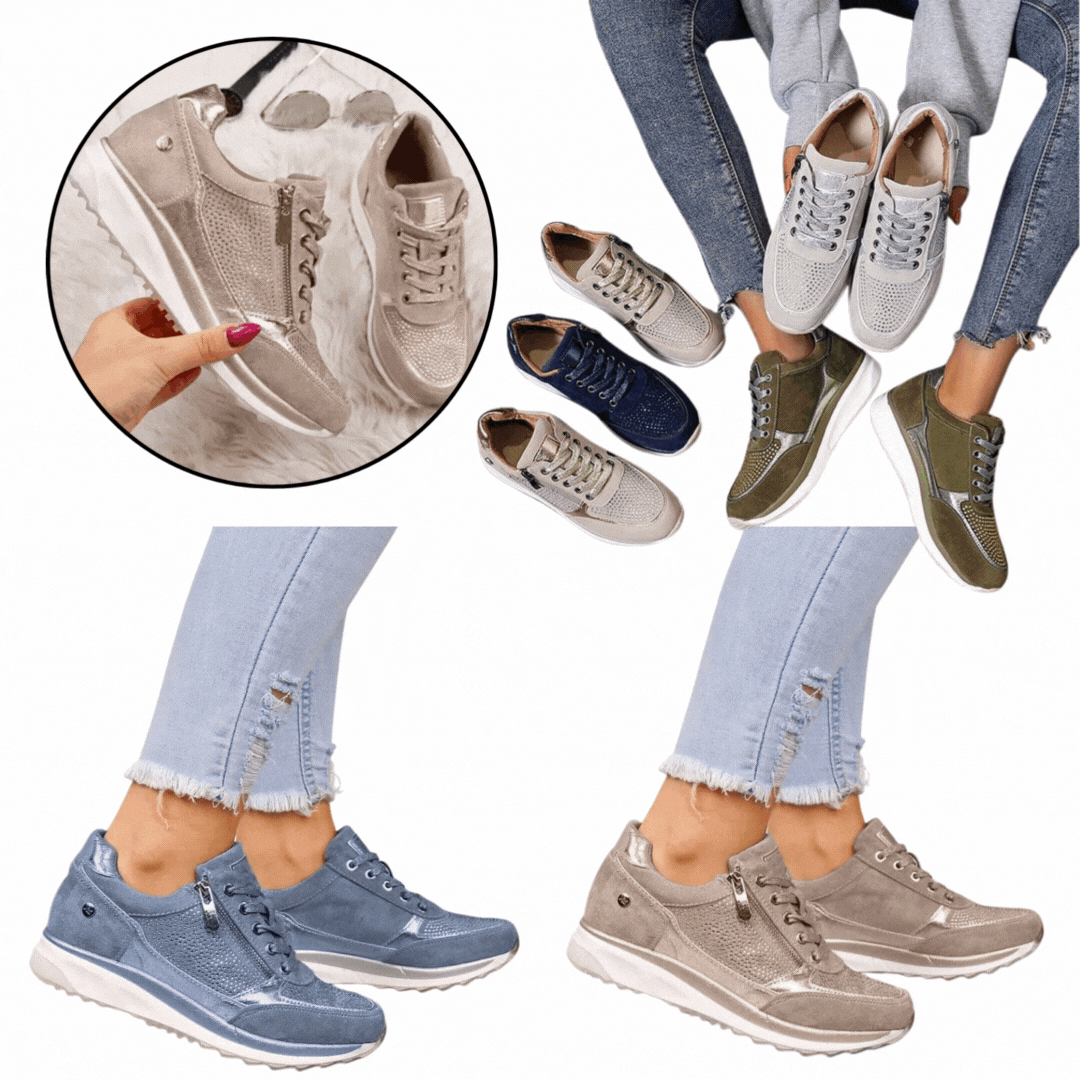 Collage van de sneakers in beige, blauw, groen en grijs, gedragen en los neergelegd 7