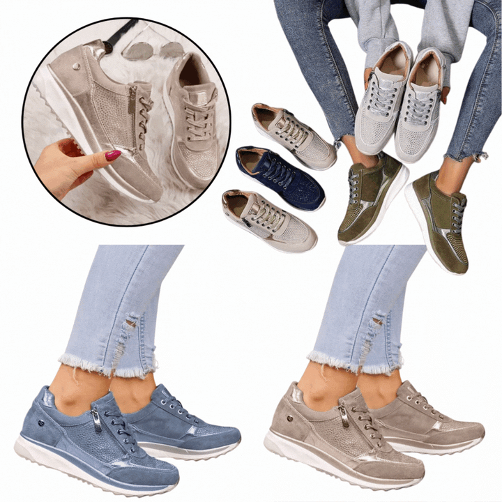 Collage van de sneakers in beige, blauw, groen en grijs, gedragen en los neergelegd 7