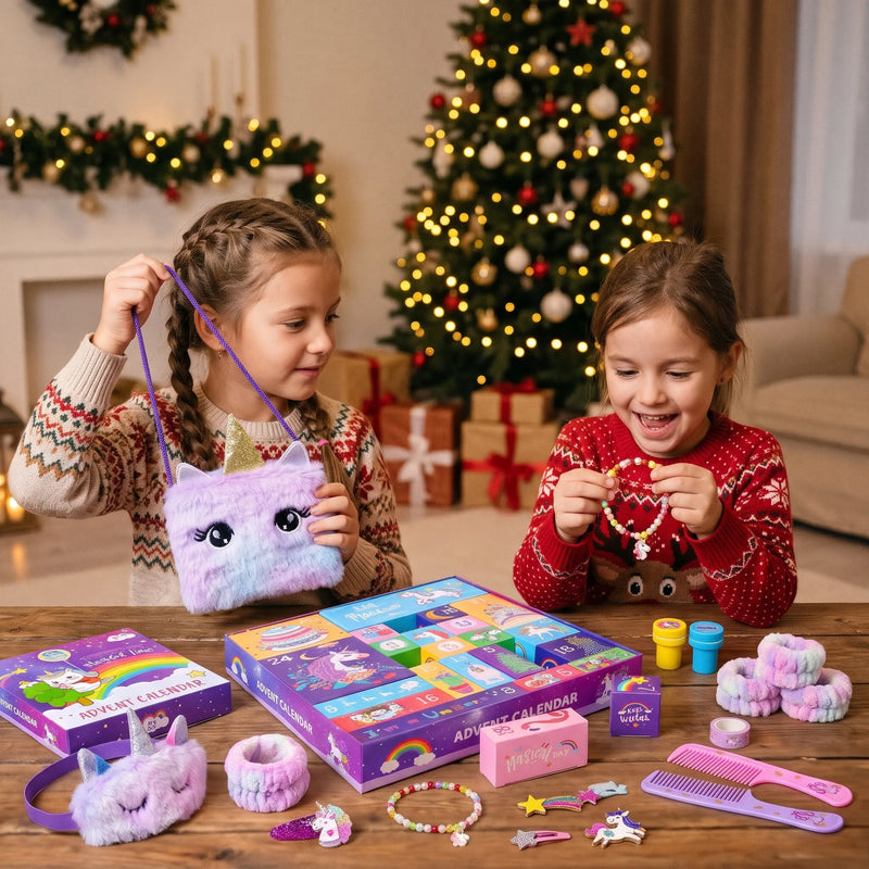 Twee meisjes in kersttruien bekijken bij de kerstboom een pluizig eenhoorntasje en kralenarmband naast de geopende doos 1