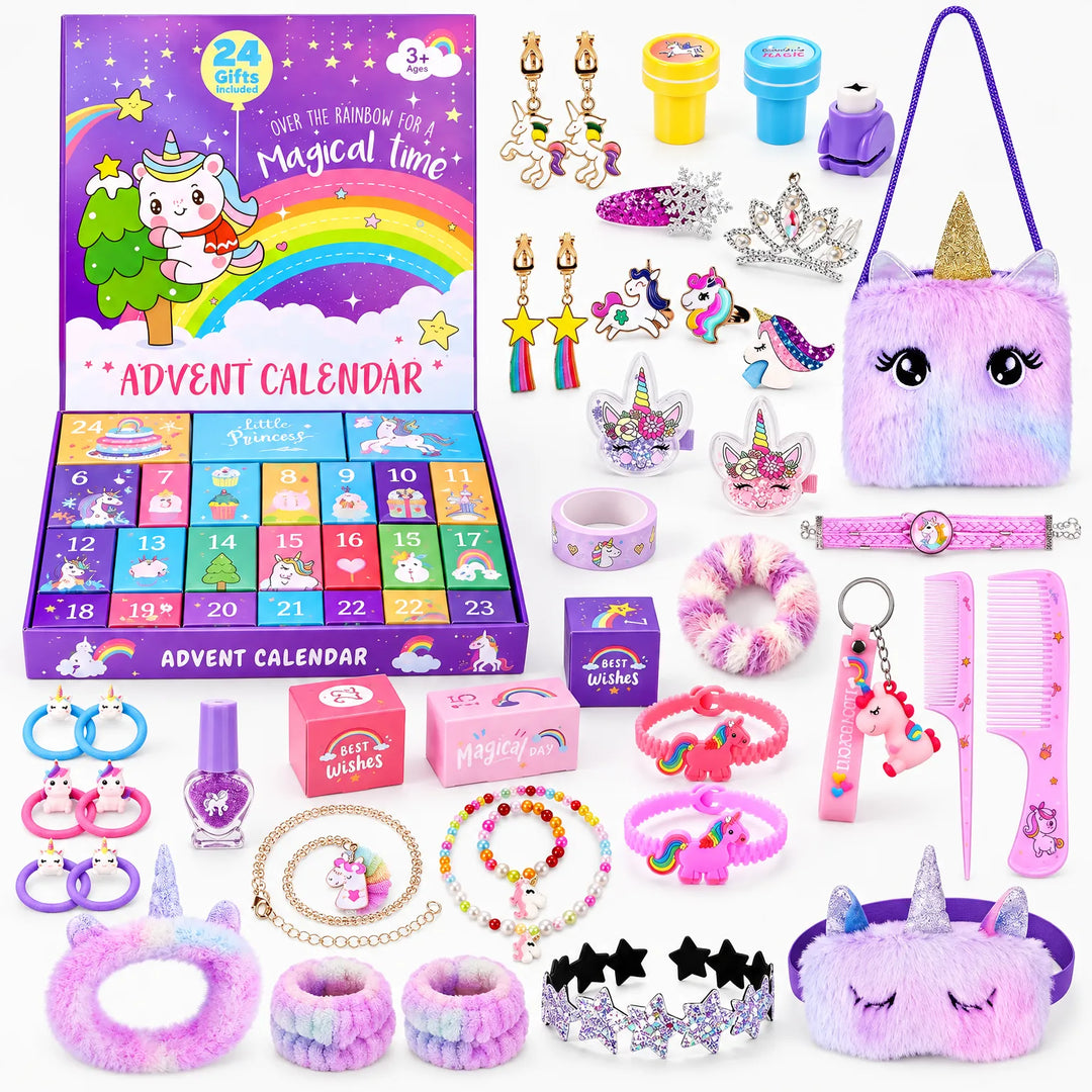 Geopende paarse doos met genummerde vakjes, omringd door alle bijbehorende eenhoornaccessoires zoals haarspelden, armbandjes 2