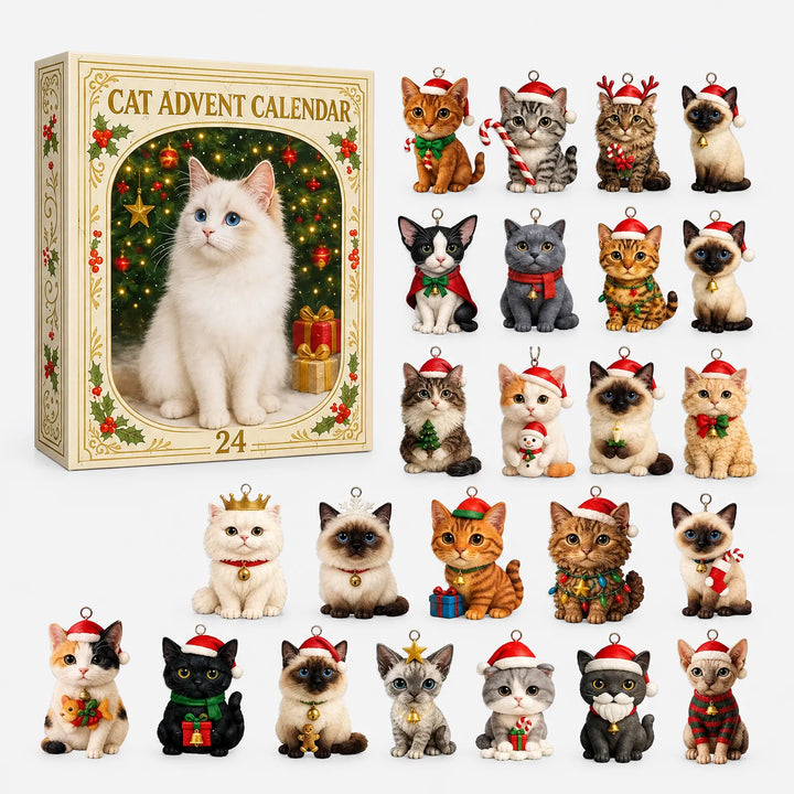 Doos van de kalender naast alle 24 verschillende kattenhangers met kerstmutsjes, sjaaltjes en belletjes, netjes uitgestald op een witte achtergrond. 2