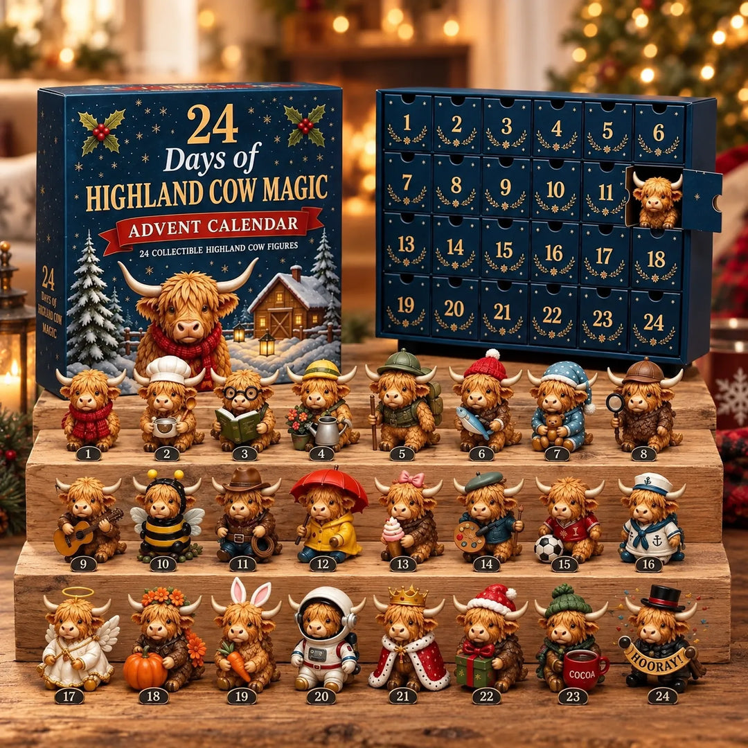 Blauwe adventskalender met geopend vakje en 24 verkleedde hooglanderkoe-figuurtjes op houten treden, tegen een warme kerstachtergrond met lichtjes. 1