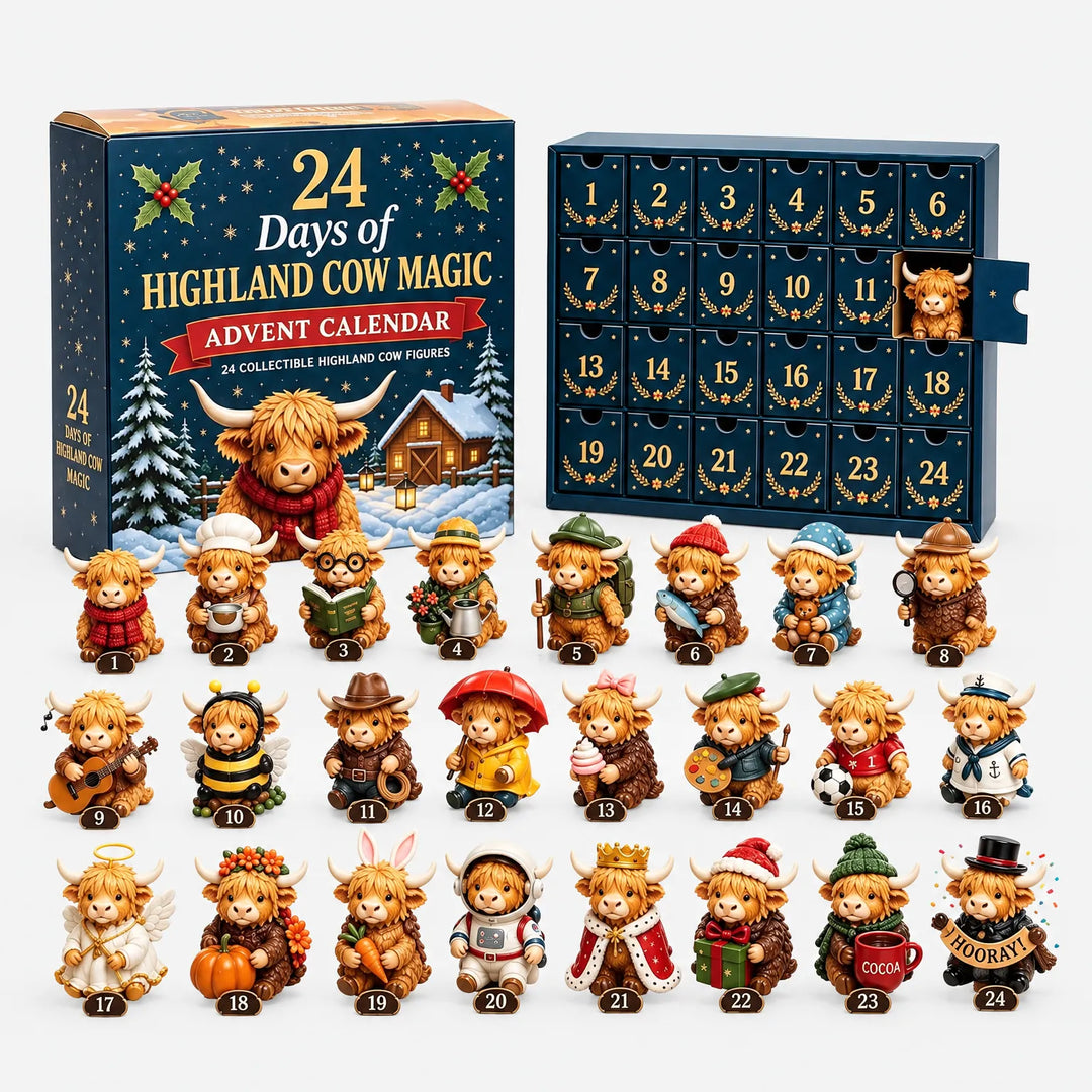 Dichte doos met sneeuwlandschap en de open kalender met 24 laatjes, daaronder alle hooglanderkoe-figuurtjes in drie rijen op een witte achtergrond. 2
