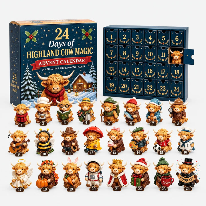 Dichte doos met sneeuwlandschap en de open kalender met 24 laatjes, daaronder alle hooglanderkoe-figuurtjes in drie rijen op een witte achtergrond. 2