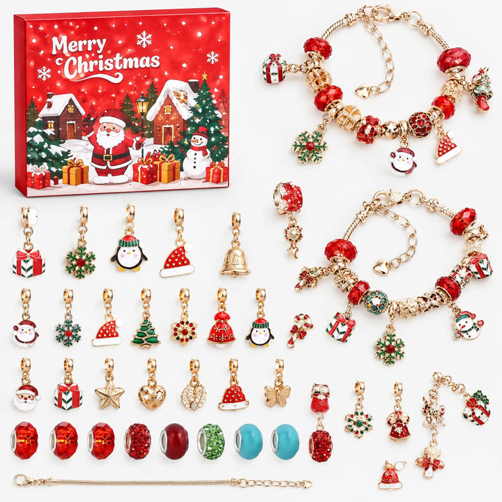 Gouden uitvoering met rode doos, twee armbanden, pinguïn-, kerstmuts- en sneeuwvlokbedels, gekleurde kralen en een extra losse armbandketting. 10