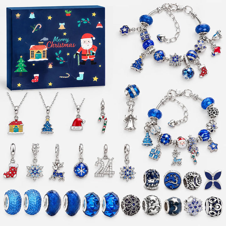 Donkerblauwe uitvoering met kerstmannetjesdoos, twee blauwe armbanden, drie kettingen en bedels van kerstboom, rendier, sneeuwvlok en kralen. 11