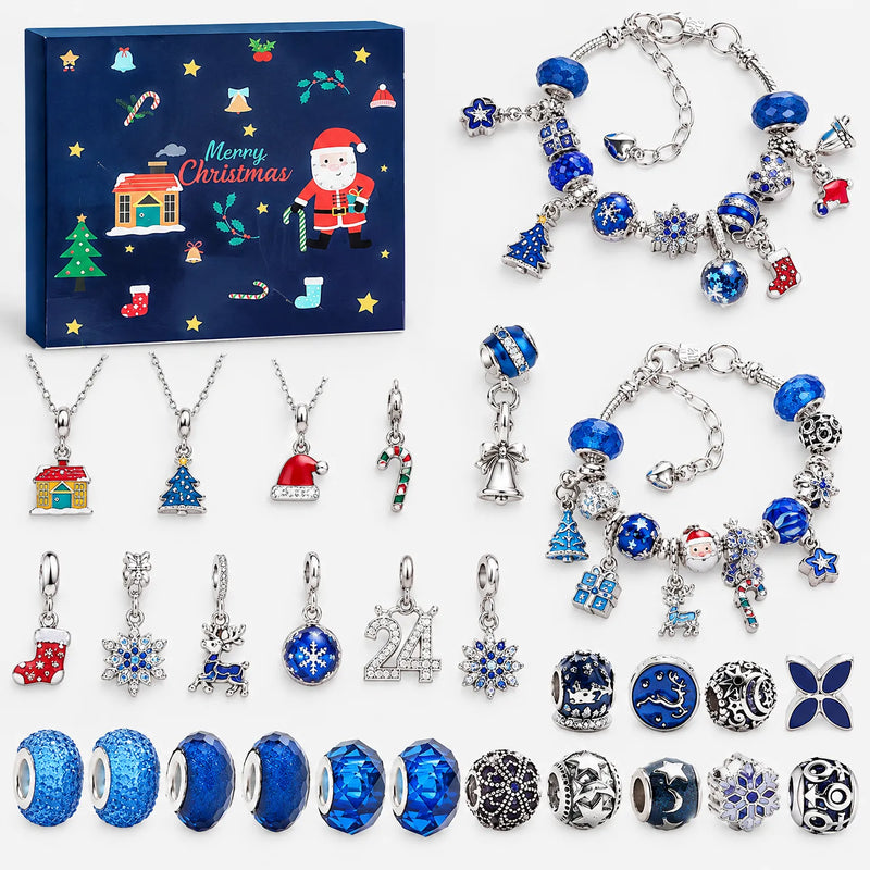 Donkerblauwe uitvoering met kerstmannetjesdoos, twee blauwe armbanden, drie kettingen en bedels van kerstboom, rendier, sneeuwvlok en kralen. 11