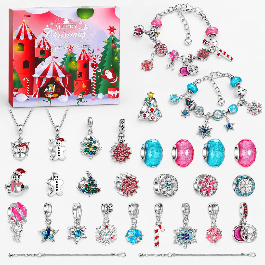 Uitvoering met circustent-kerstdoos, roze en turquoise armbanden, sneeuwpop-, kerstboom- en sneeuwvlokbedels, kralen en twee lege armbandkettingen. 12