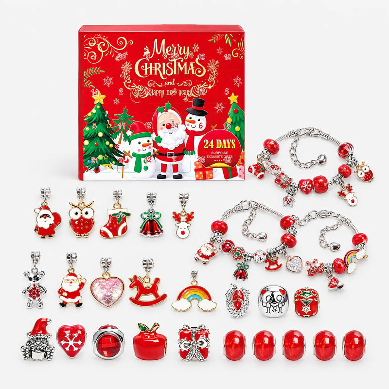 Rode uitvoering met doos vol sneeuwpoppen en kerstman, drie rode armbanden en alle bedels en kralen netjes uitgelegd. 4
