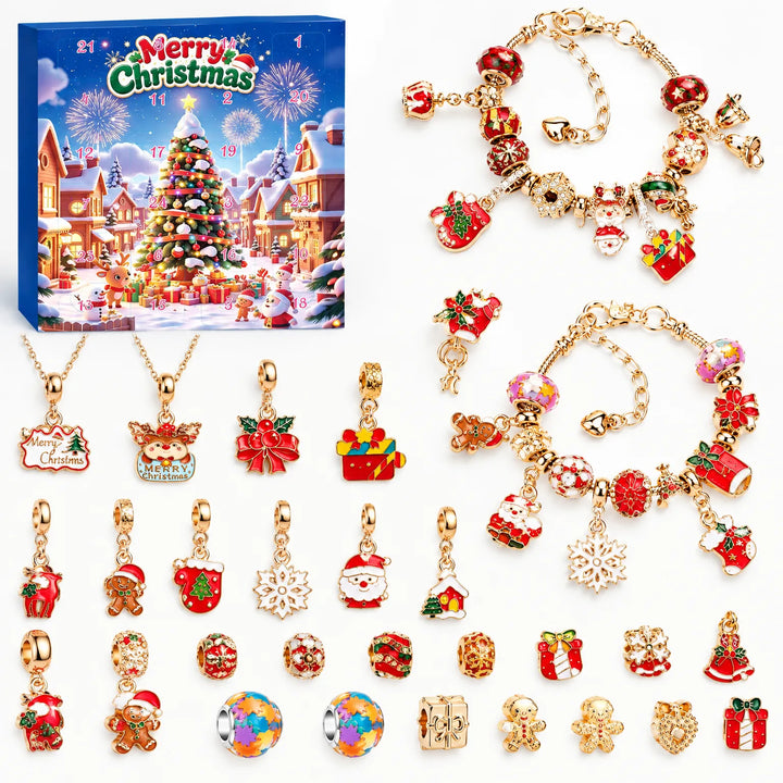 Gouden uitvoering met kerstdorp op de doos, twee gouden armbanden, twee kettingen en rood-witte kerstbedels en gekleurde kralen. 7
