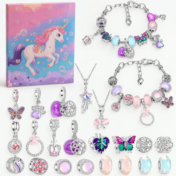 Eenhoornversie met roze en paarse doos, twee armbanden, twee kettingen en vlinder-, hart- en bloembedels met pastelkleurige kralen. 8
