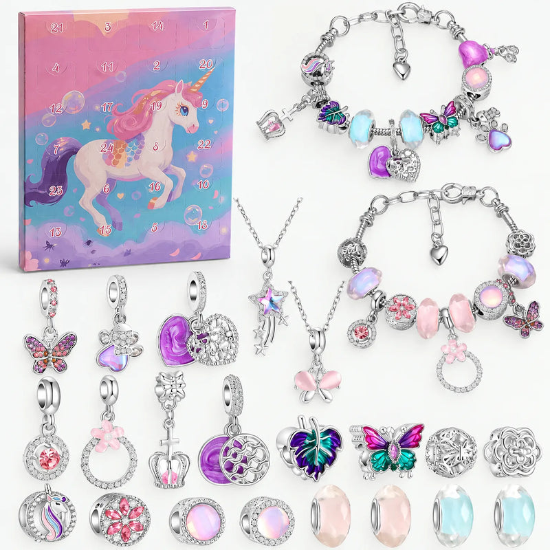 Eenhoornversie met roze en paarse doos, twee armbanden, twee kettingen en vlinder-, hart- en bloembedels met pastelkleurige kralen. 8