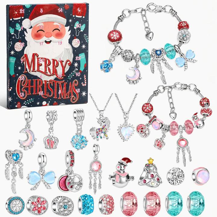 Uitvoering met kerstman op de doos, twee armbanden in roze en turquoise, twee kettingen en dromenvangers, sneeuwpop en kralen. 9