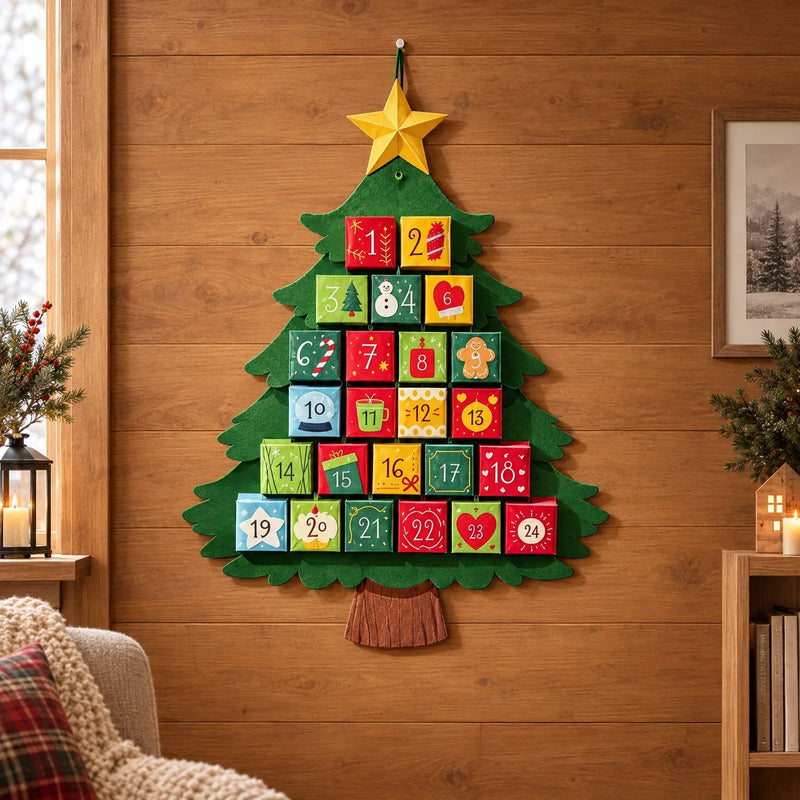 Groene vilten kerstboom met gele ster en genummerde vakjes, opgehangen aan een houten wand in een gezellige woonkamer met kaarsen. 1