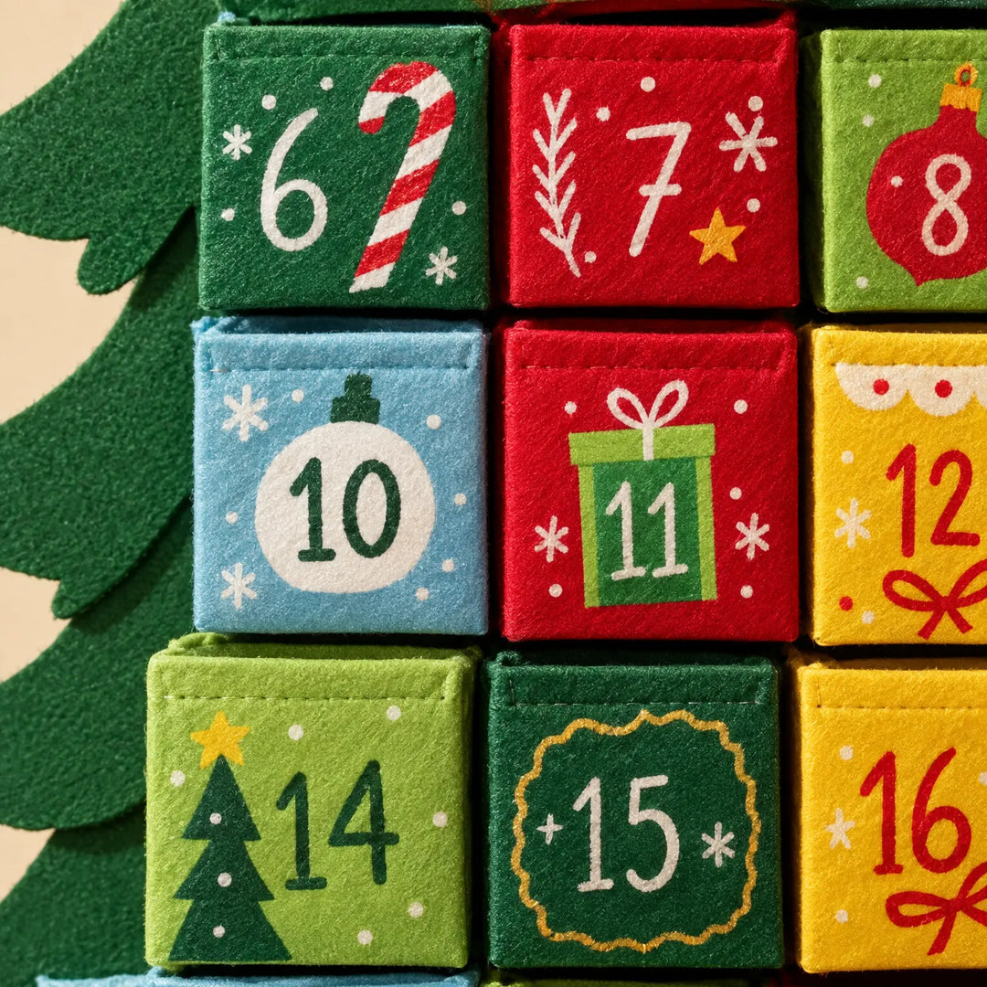 Close-up van de vilten vakjes met opgedrukte cijfers en kerstmotieven, zoals een zuurstok, kerstbal, cadeautje en kerstboompje. 3