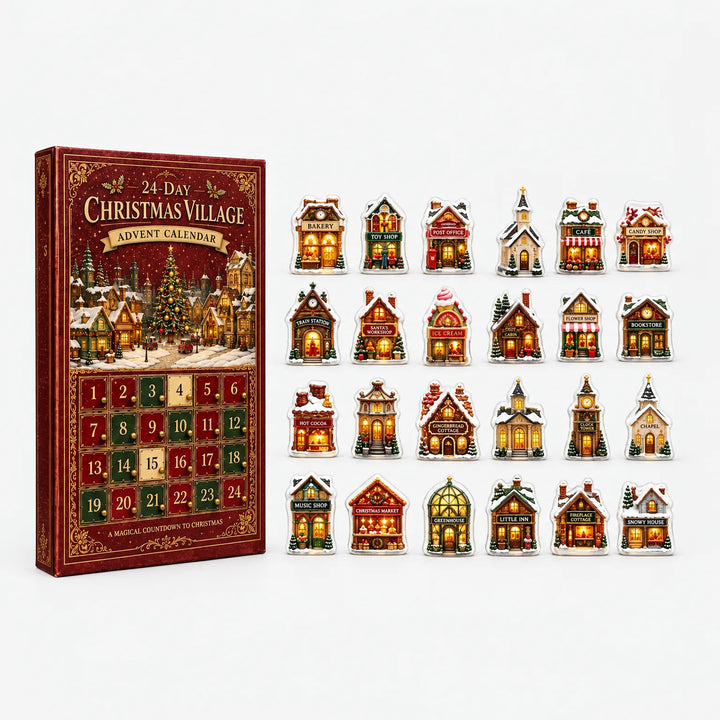 Rode adventskalender met genummerde luikjes naast alle 24 kleine dorpshuisjes, netjes in vier rijen op een witte achtergrond uitgestald. 2