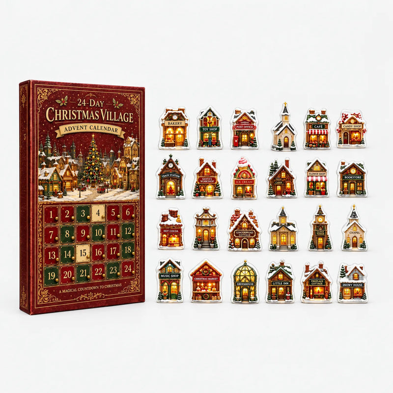 Rode adventskalender met genummerde luikjes naast alle 24 kleine dorpshuisjes, netjes in vier rijen op een witte achtergrond uitgestald. 2