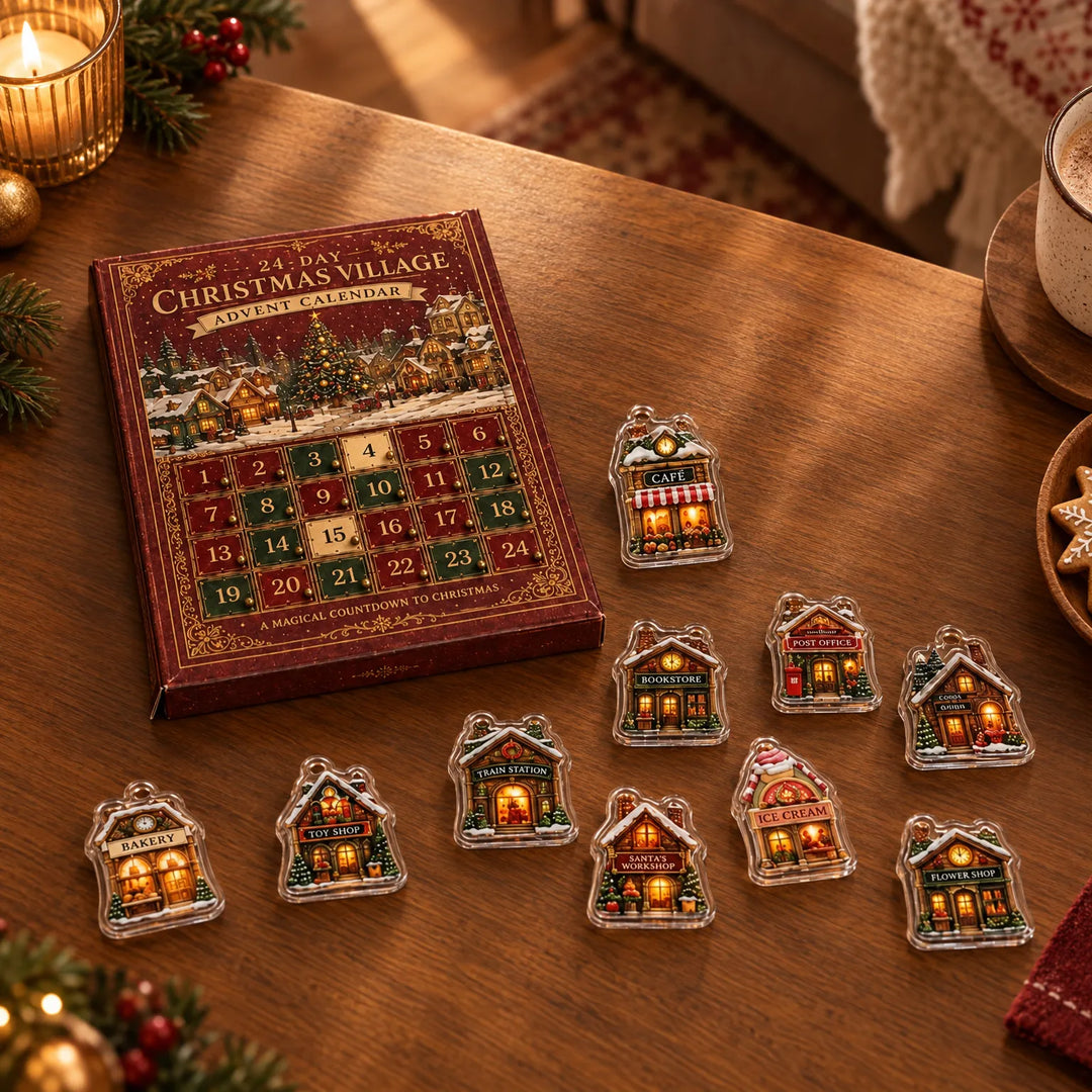 Adventskalender op een houten tafel met tien losse huisjes in doorzichtig kunststof ernaast, omgeven door kaars, dennentakken en warme chocolademelk. 3