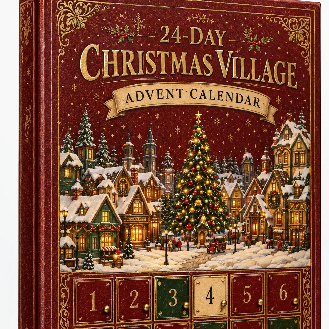 Close-up van de voorkant van de kalender met een besneeuwd kerstdorp, verlichte boom, gouden versiering en de eerste genummerde luikjes. 4