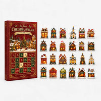 Voorkant van de rood met groene kalender met 24 luikjes, rechts daarvan alle 24 huisjes in vier rijen op een witte achtergrond. 5