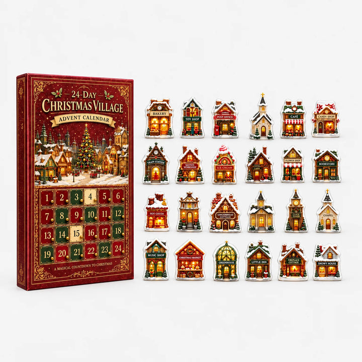 Voorkant van de rood met groene kalender met 24 luikjes, rechts daarvan alle 24 huisjes in vier rijen op een witte achtergrond. 5