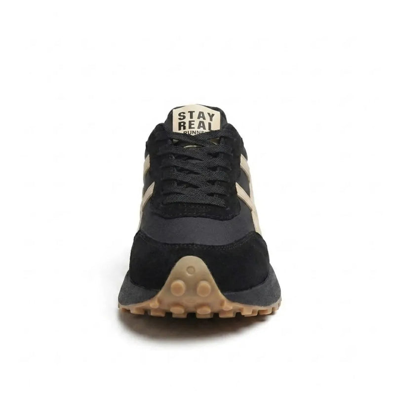 Zwarte sneaker met beige accenten van voren, met veters en bruine noppenzool 19