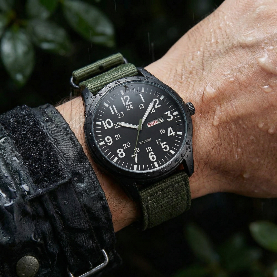 Close-up van het horloge om een natte pols in de regen, met waterdruppels op de zwarte wijzerplaat en groene band. 3
