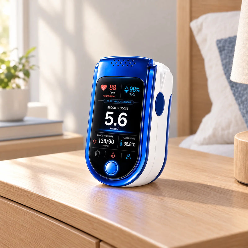 Blauw-witte vingerclip-gezondheidsmonitor met kleurendisplay staat op een houten nachtkastje in een zonnige slaapkamer naast een lamp en kussen. 1